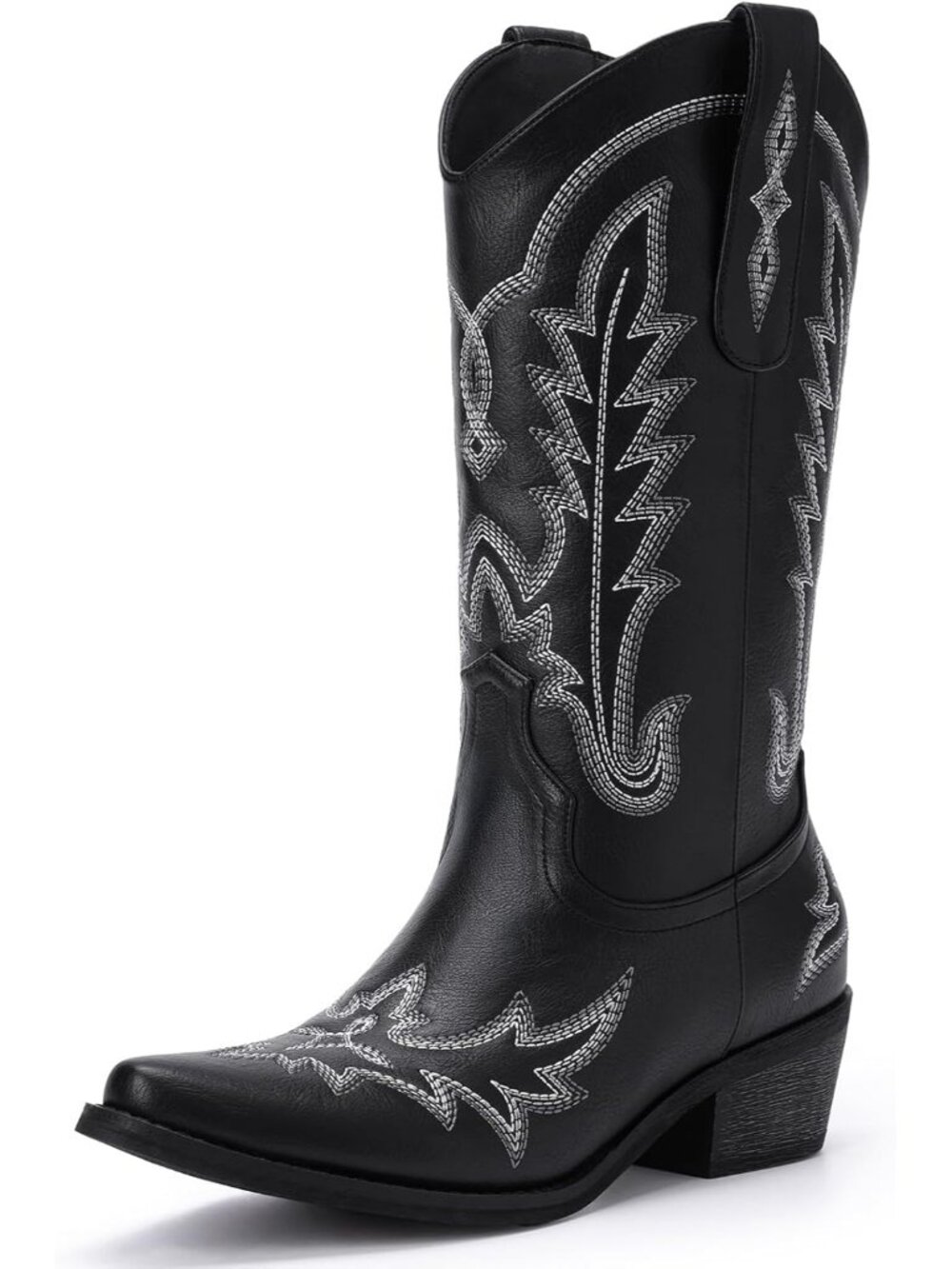 Women Black (PU) Pull-on Cowgirl Embroider Chunky Heel Pointed Toe Boot